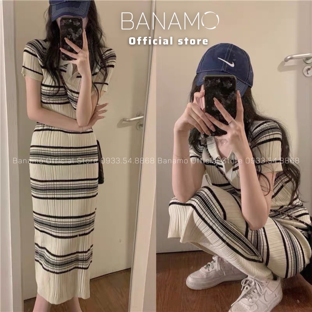 Váy len nữ body cổ bẻ dáng dài chất len tăm co giãn form ôm siêu đẹp thời trang Banamo Fashion Váy len nữ body 545