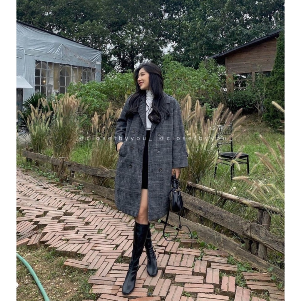 Áo măng tô nữ dạ kẻ Hàn Quốc trần bông dáng dài - EllyStore | BigBuy360 - bigbuy360.vn