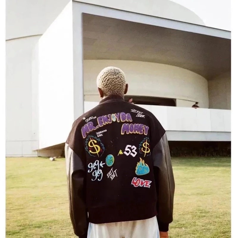 Áo Khoác Bomber Kaki Nam Nữ Phối Tay Da T-A-N From Rộng Hàn Quốc Hình Thêu Nét AKD10. Màu Đen