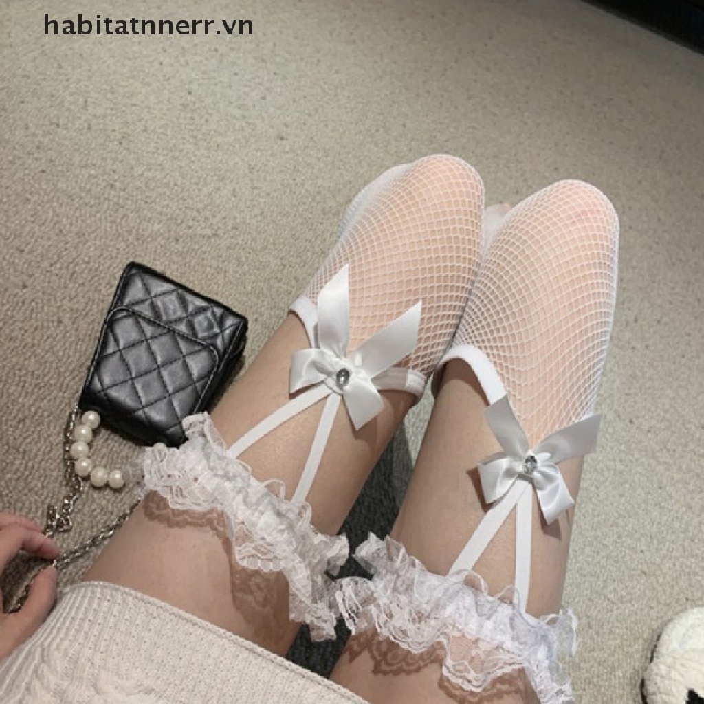 Quần tất lưới dài đến đùi phối nơ bằng nylon quyến rũ màu đen/ trắng cho nữ