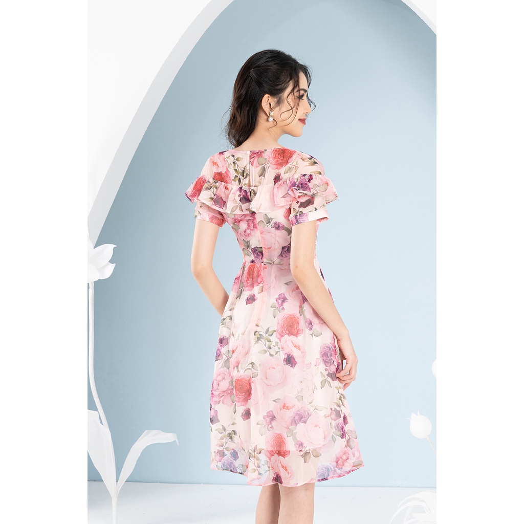 Đầm Tơ Hoa Hồng LFV3285 Thiết Kế Cổ Bèo xinh xắn nữ tính may 2 lớp dài qua gối cho nàng đi làm đi chơi đi biển dạo phố