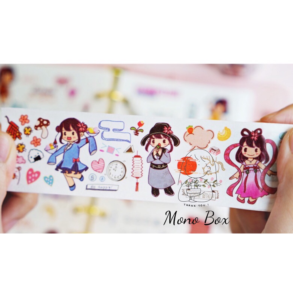 [Chiết] Washi tape mã CB019 4x35cm, băng keo dán trang trí họa tiết chibi Mono_box