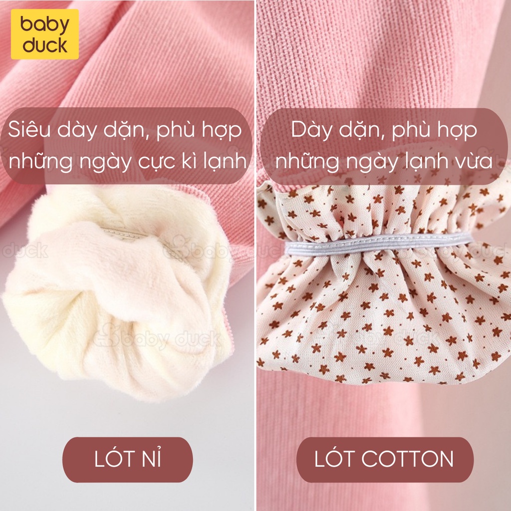 Áo váy dạng xòe, dây buộc 2 nơ bé ở ngực, chất nỉ nhung siêu ấm cho bé có lót nỉ/cotton, quần áo trẻ em