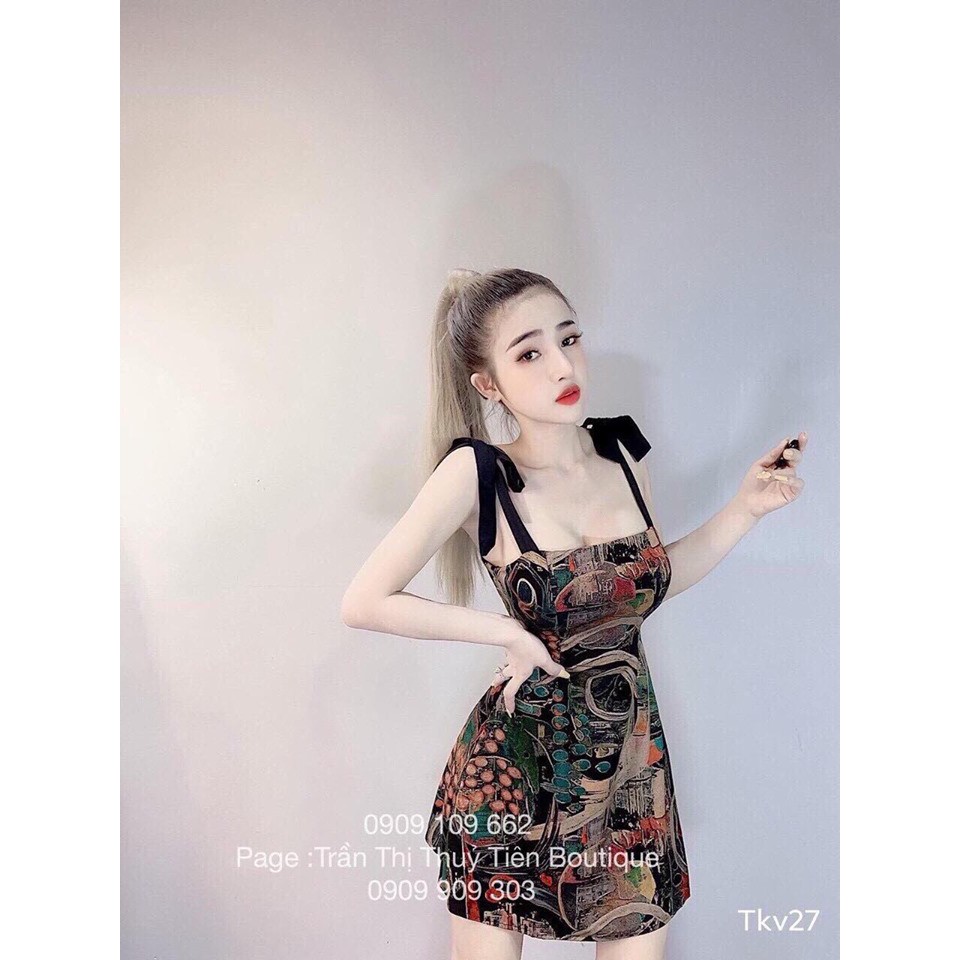 Đầm Dây Cột Nơ Họa Tiết (Có Mút Ngực)
