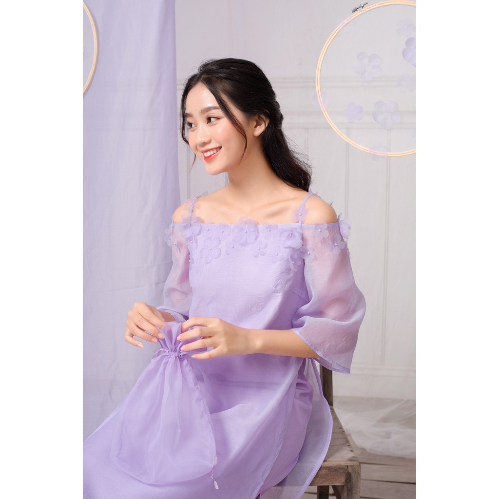 Áo dài cách tân Oversized bệch vai Oversized 2 dây đính hoa [AD13]