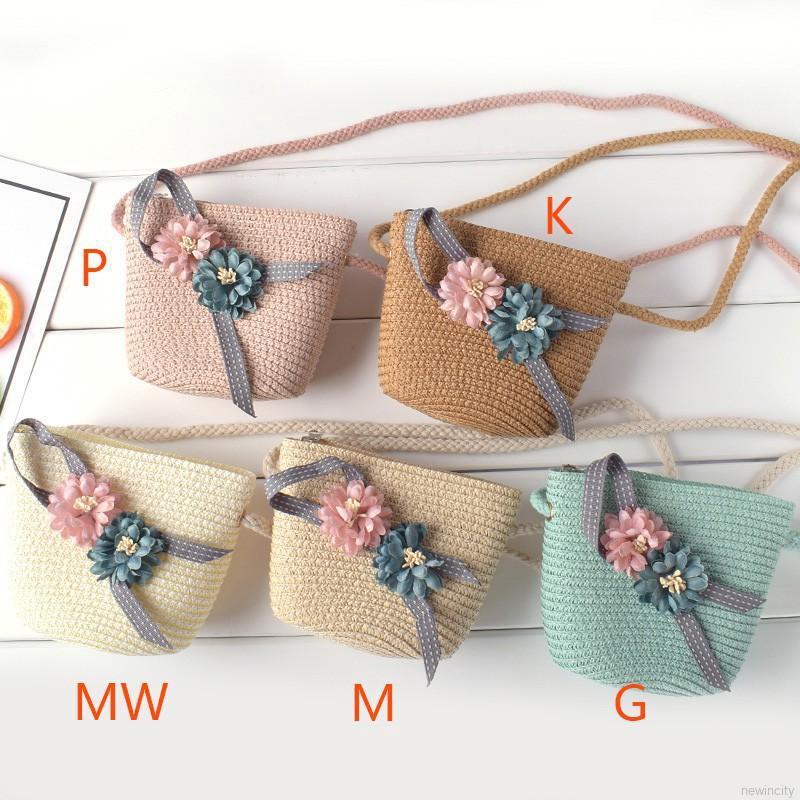 Túi rơm đeo vai đính hoa và dây ruy băng nhiều màu sắc phong cách Hàn Quốc cho bé gái