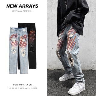 Quần jeans Hip Hop rách lưng cao phối hoạ tiết Graffiti phong cách Hip Hop có