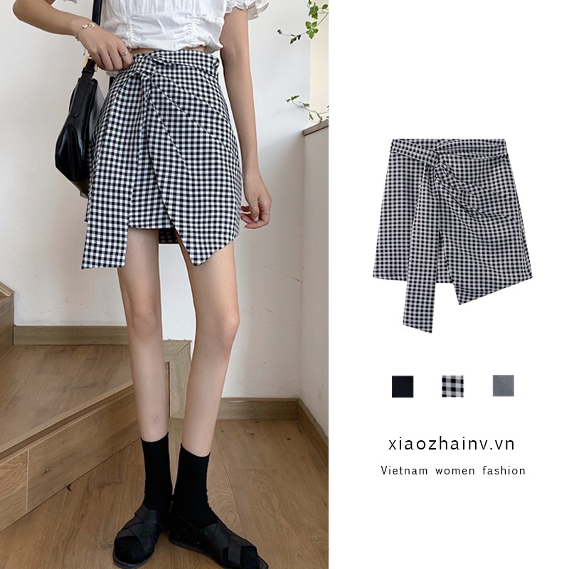 Xiaozhainv Chân Váy Chữ A Lưng Cao Kẻ Sọc Caro Phong Cách Retro