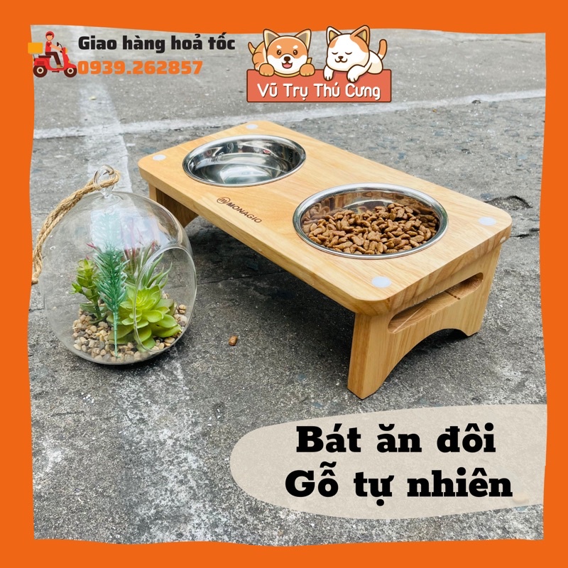 Bát ăn đôi cho Chó Mèo chống gù lưng, kèm 2 bát ăn inox, bát ăn gỗ tự nhiên