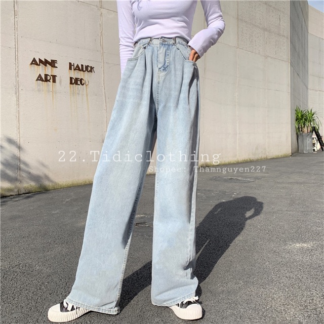Quần jeans ulzzang gài eo ống rộng / quần bò retro ống suông dáng dài