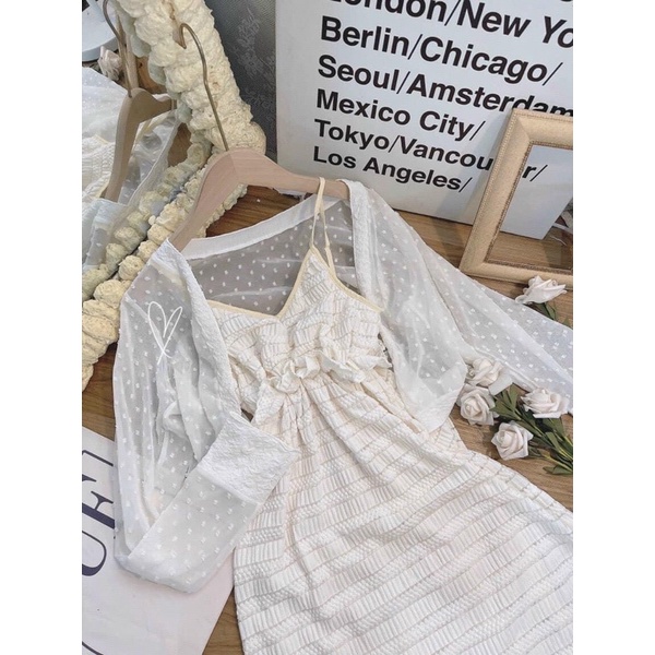 SET ĐẦM 2 DÂY BO EO MIDI KEM + ÁO KHOÁC MỎNG BI NỔI