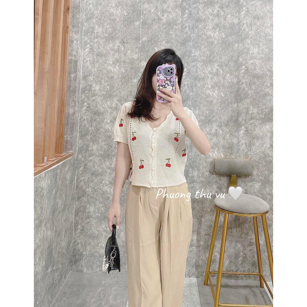 ÁO LEN NỮ TAY NGẮN LƯỢN SÓNG THÊU QUẢ CHERRY CỰC NỮ TÍNH - CHẤT VẢI MÁT MẺ