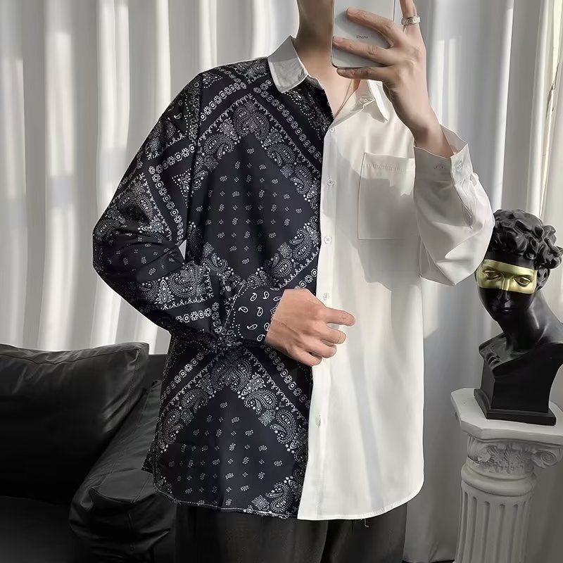 Áo Sơ Mi Tay Dài Dáng Rộng In Họa Tiết Kiểu Retro Nhật Hàn Thời Trang Cho Nam