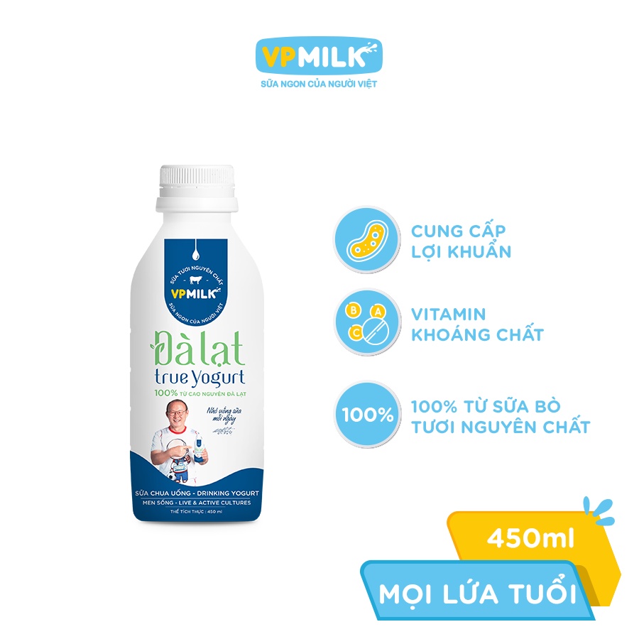 [CHỈ GIAO 2 GIỜ TẠI TP. Hồ Chí Minh] Sữa chua uống VPMilk Đà Lạt True Yogurt - chai 450ml