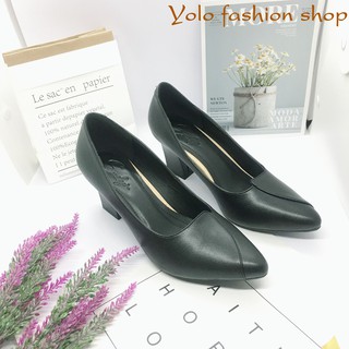 Giày cao gót nữ da lì đế vuông 7cm vạt chéo hàng VNXK da mềm êm chân -HC04