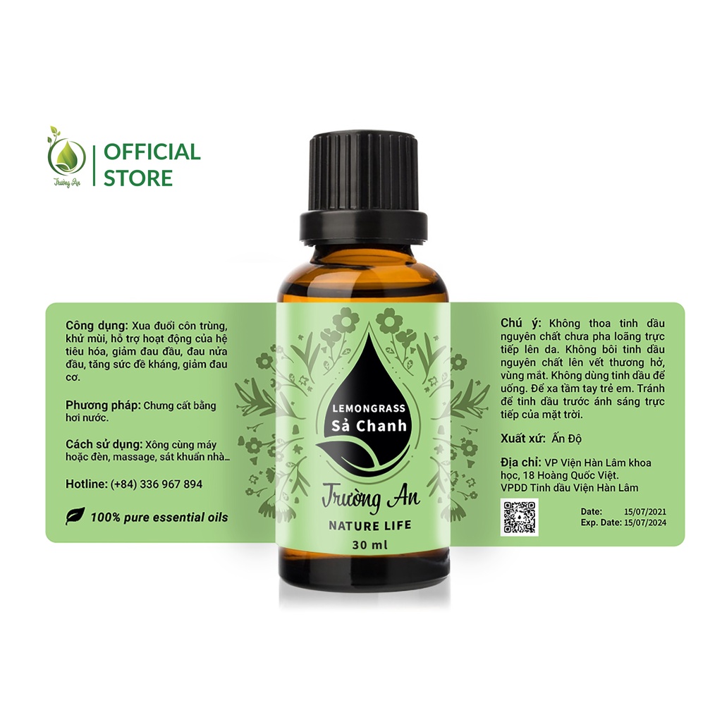 Tinh dầu Sả Chanh Lemongrass Trường An Essential Oil, xuất sứ thiên nhiên không pha tạp chất, có giấy kiểm định COA