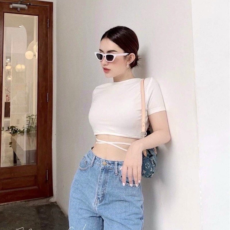 Áo croptop nữ, Áo thun cộc tay nữ dáng lửng buộc dây bụng hở eo hở lưng ôm body mặc 2 kiểu sexy đen trắng Wikishop C993