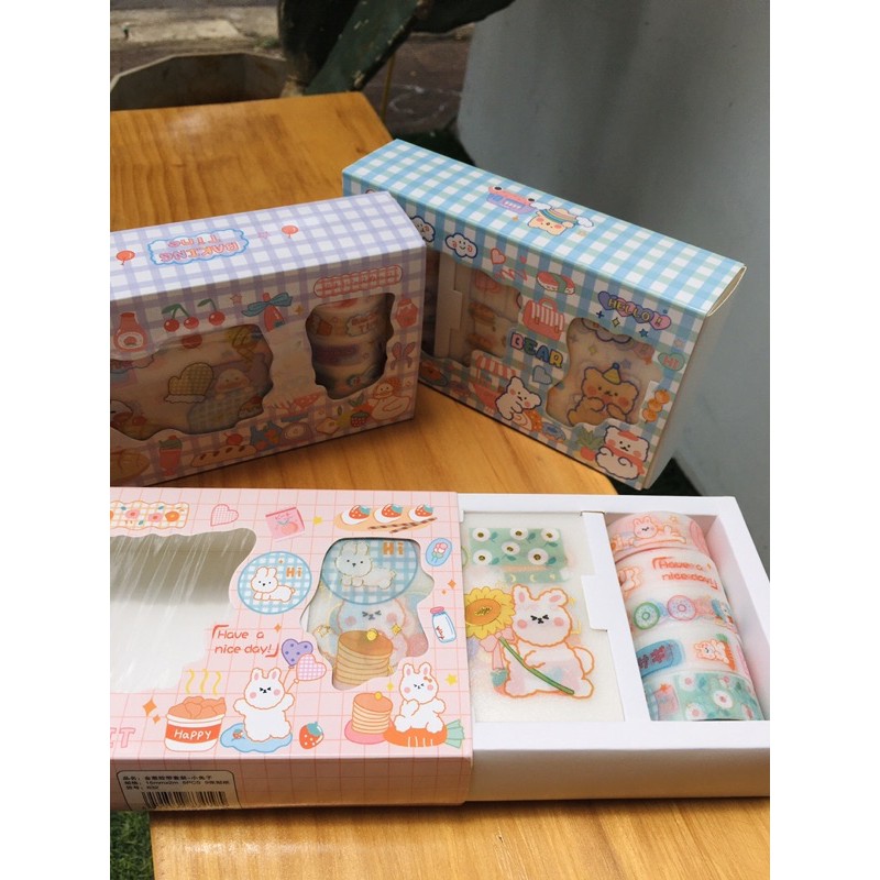 Box ứahi tape kèm sticker nhiều mẫu xinh xắn, sticker gấu, washi lấp lánh