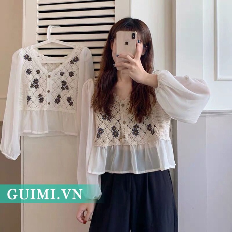 Áo Sơ Mi Vải Voan Tay Dài Cổ Chữ V Thêu Họa Tiết Xinh Xắn Phong Cách Retro Dễ Thương