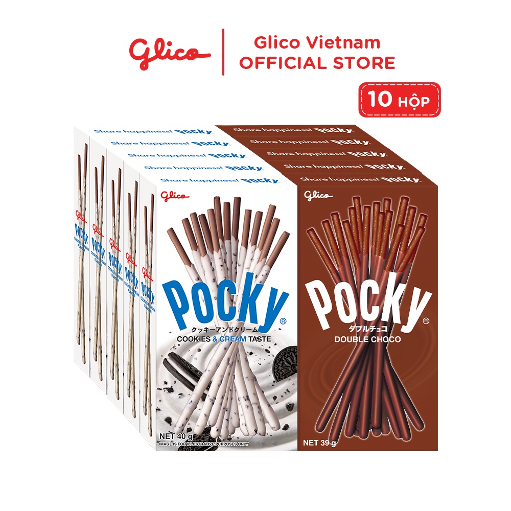 Bánh que phủ kem mix 2 vị cookie &amp; nhân đôi socola GLICO Pocky (Happy Set H 10 hộp - 5 cookies cream 5 double choco)