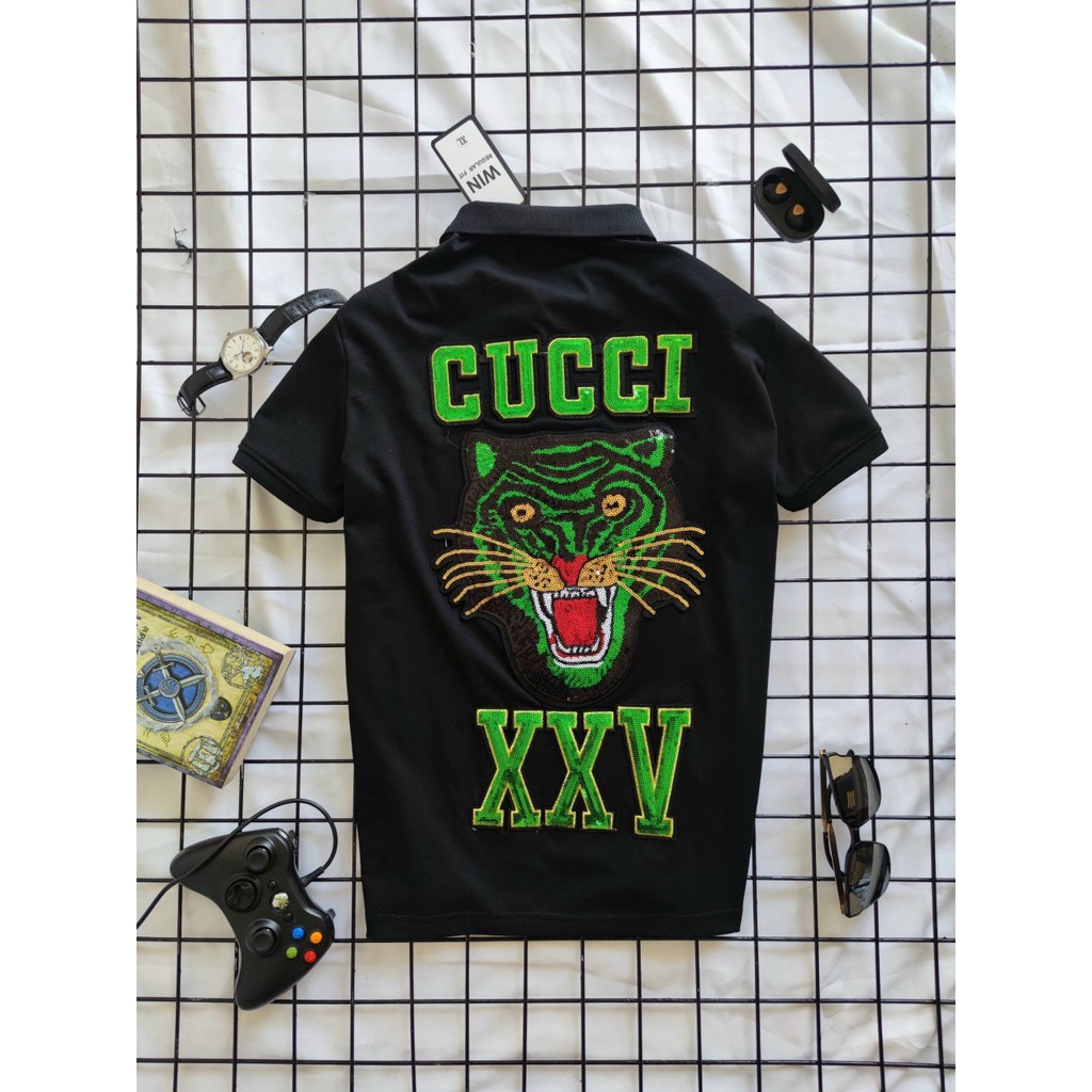 [CÓ VIDEO] Áo thun nam đính kim sa thêu hổ XXV có cổ tay ngắn vải đẹp co dãn foom dáng body 2 màu trắng đen cao cấp | BigBuy360 - bigbuy360.vn