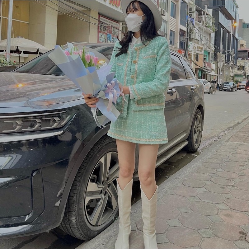 Set dạ tweed xanh