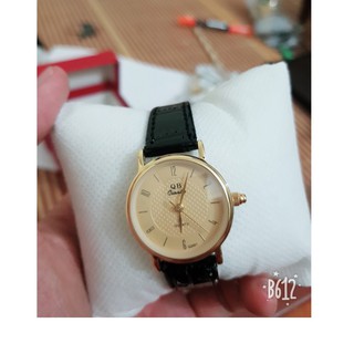 Đồng hồ nam, nữ qianba viền vàng, dây da đen bóng siêu đẹp