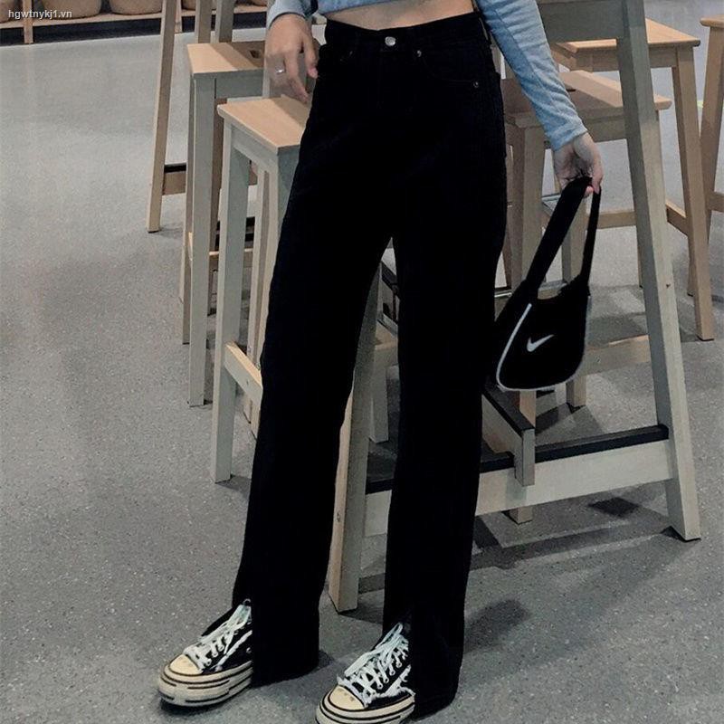 ❧☽❆Split straight leg micro flared jeans women retro Hong Kong style high waist thin loose wild wide-leg mopping trousers trend