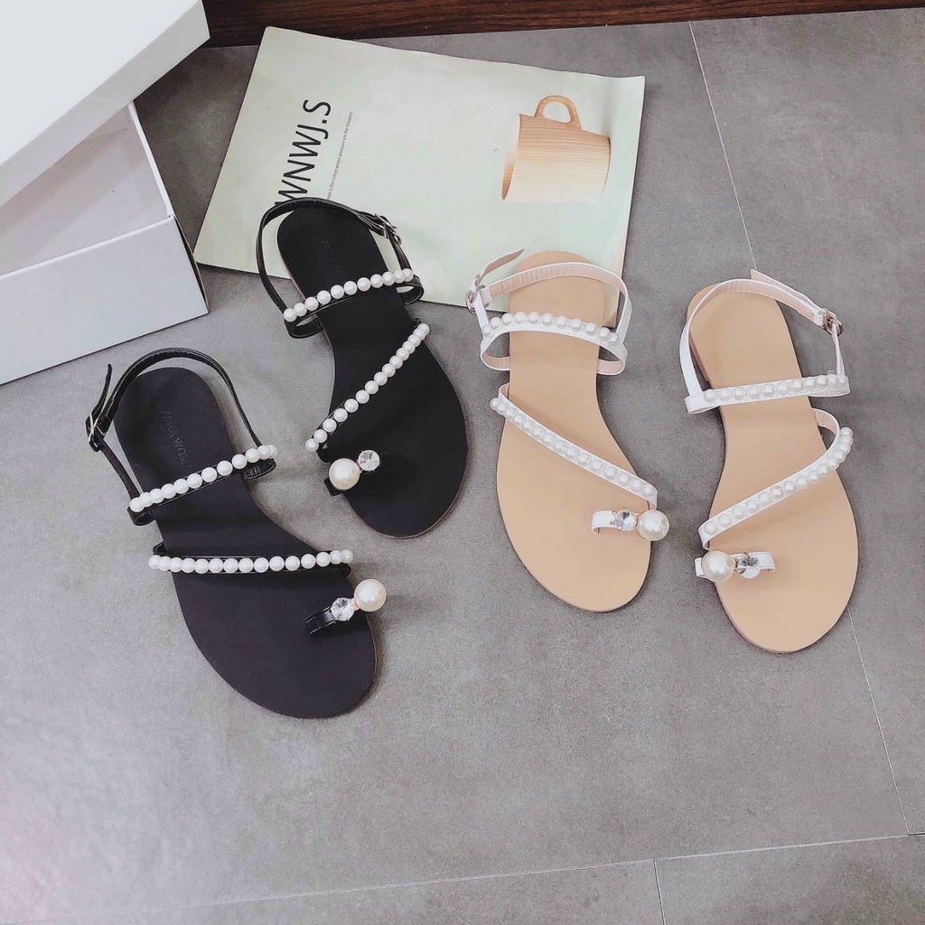 Giày Sandal Nữ Đế Bằng Cài Quai Hậu-Sandal Đi Học Kiểu Sỏ Ngón Đính Ngọc Mẫu Mới Bền Đẹp Đi Biển Đi Chơi  Mã SDNGOC