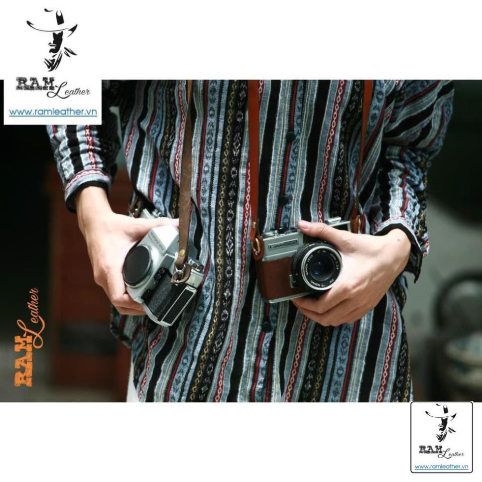 Dây máy ảnh máy film và mirroless da bò nâu sáng khóa đồng - RAM A2 Light brown VINTAGE ,