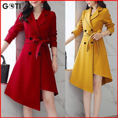 GOTI - Áo Khoác Măng Tô Thun Cotton Nữ Đính Nút Cột Eo Tà Áo Cách Điệu Thời Trang Nữ Dáng Dài 3123