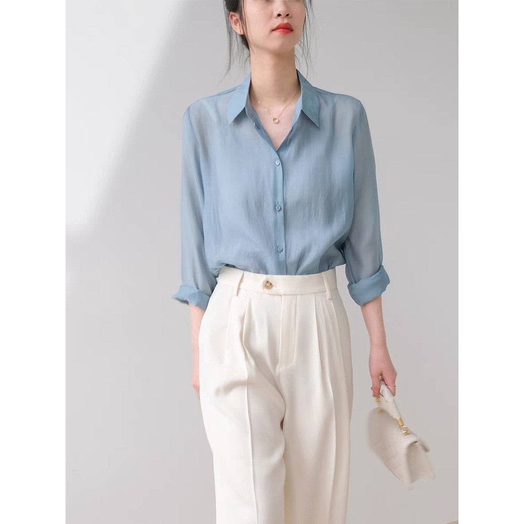 ♠☜Áo sơ mi công sở lụa Tencel màu xanh dương cực sang