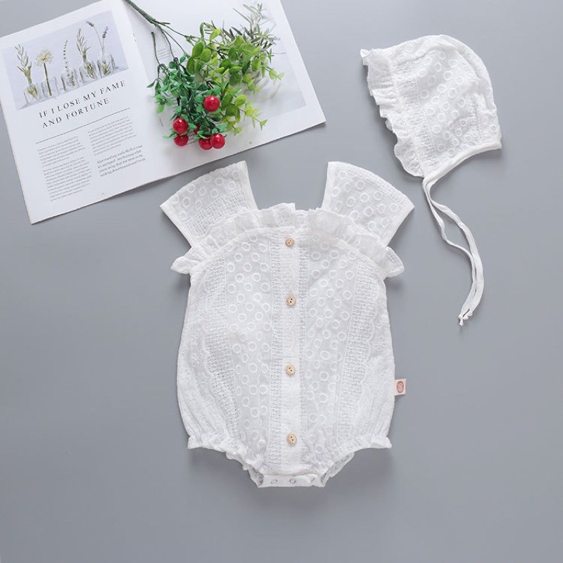 SET BỘ BODY CHIP MÀU TRẮNG KÈM MŨ CHẤT LIỆU THÔ MỀM CHO BÉ GÁI 0-2 tuổi ( size 66/73/80/90)
