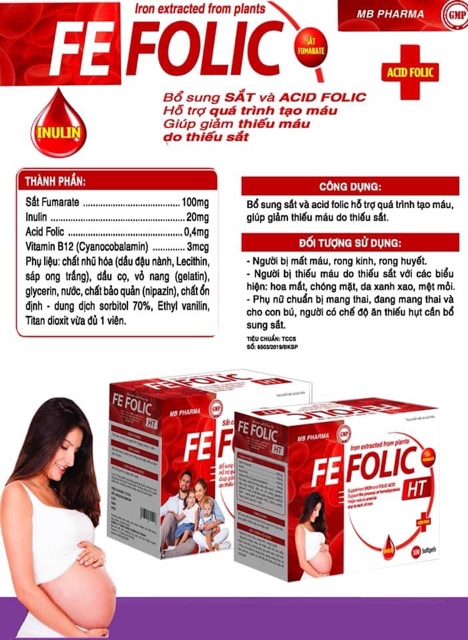 Fe Folic bổ sung sắt và acid folic, giảm thiếu máu do thiếu sắt, hỗ trợ quá trình tạo máu