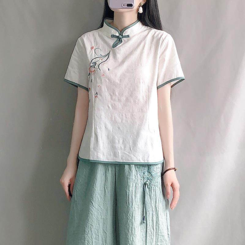 Áo Sơ Mi Cotton Lanh Cổ Đứng Cài Nút Phong Cách Retro Trung Hoa 2022