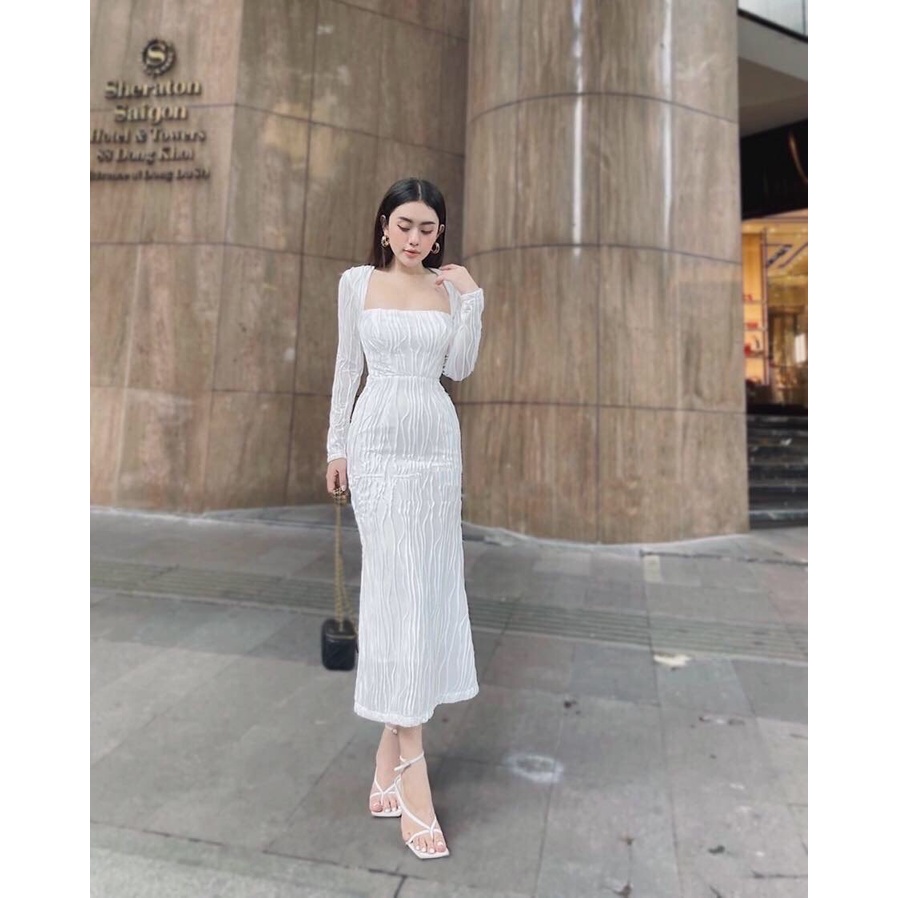 Váy đầm tay dài hở lưng dáng dài thanh lịch thích hợp đi tiệc đi đám cưới 2 màu