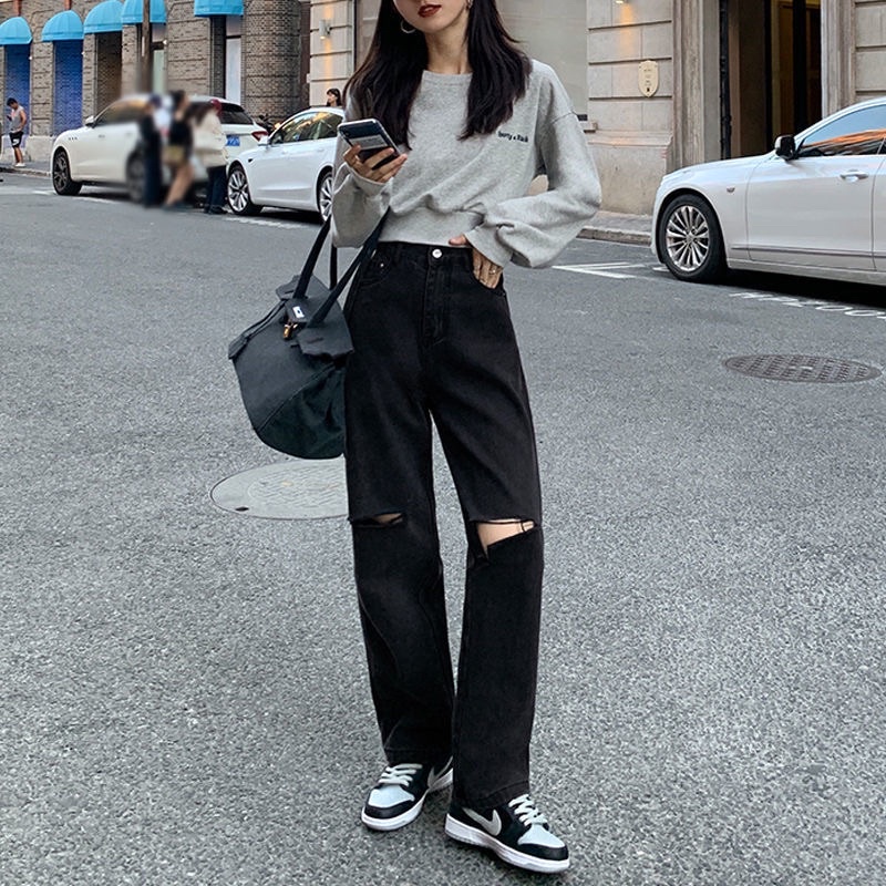 Quần jeans nữ ống suông rộng màu đen màu trắng rách ống cá tính phong cách Ulzzang đủ size thời trang