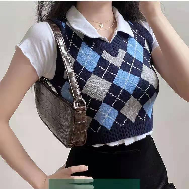 SUXI Áo Len Nữ Cộc Tay Cổ Chữ V Thời Trang Hàn