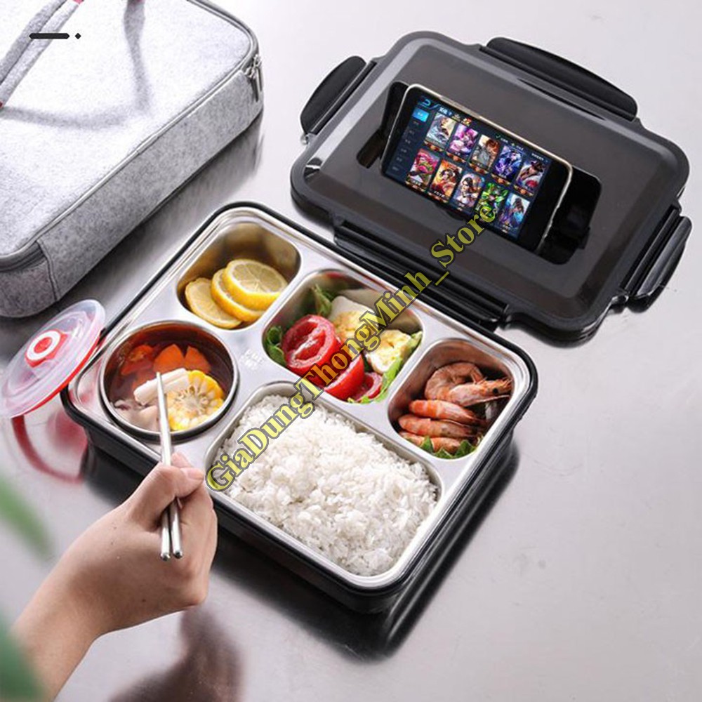 Khay Cơm Inox Giữ Nhiệt Chia 5 Ngăn Có Cốc Đựng Canh Kèm Thìa, Đũa, Khay Xem Điện Thoại
