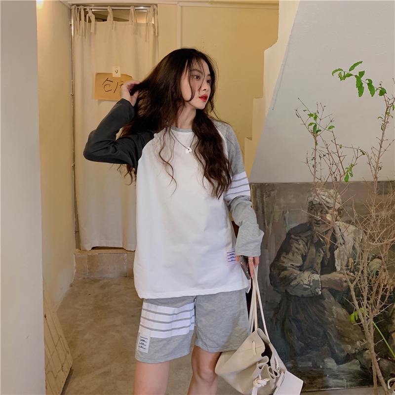 【ZHELIHANGFEI】Set Áo Thun Tay Dài Kẻ Sọc Phối Quần Short Ống Rộng Thời Trang Cá Tính
