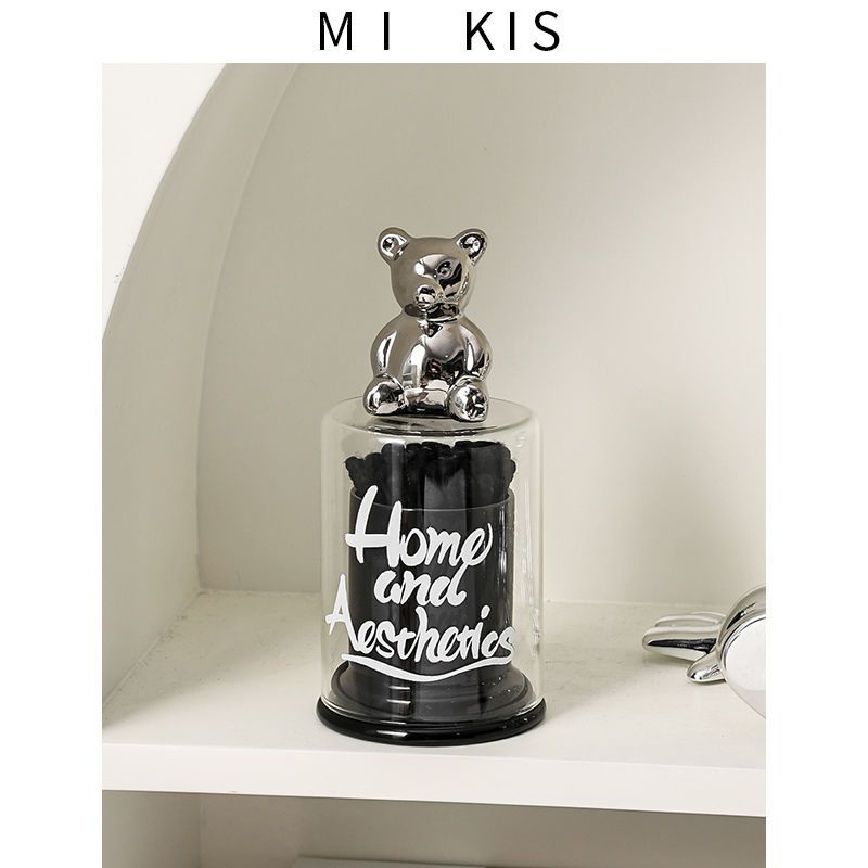 (Sẵn) Lọ đựng tăm thủy tinh hữu cơ phong cách sang trọng nắp gấu decor