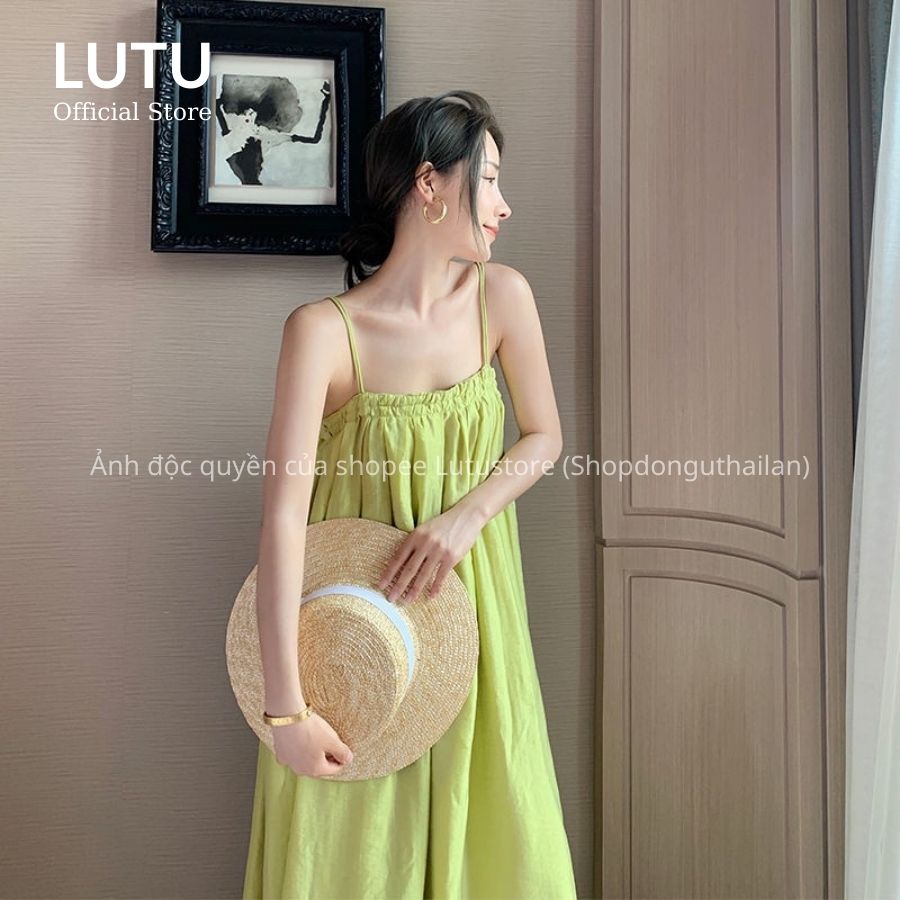 Váy Đầm Maxi Đi Biển Hai Dây Xòe Vải Đũi Lụa Mềm Mát Màu Xanh Lá Xanh Bơ