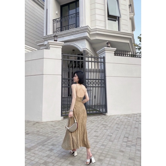 Đầm maxi thun 2 dây trắng đen nâu