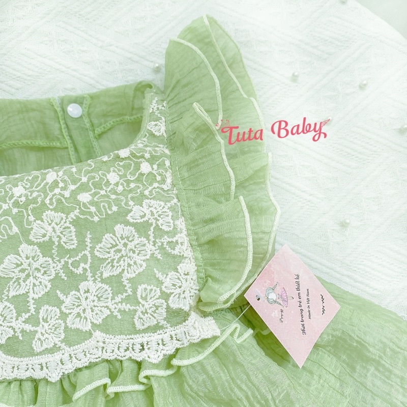 Bodysuit Cho Bé Gái Màu Xanh, Thiết Kế Ren Ngực Sang Chảnh, Body Cho Bé Kèm Turban