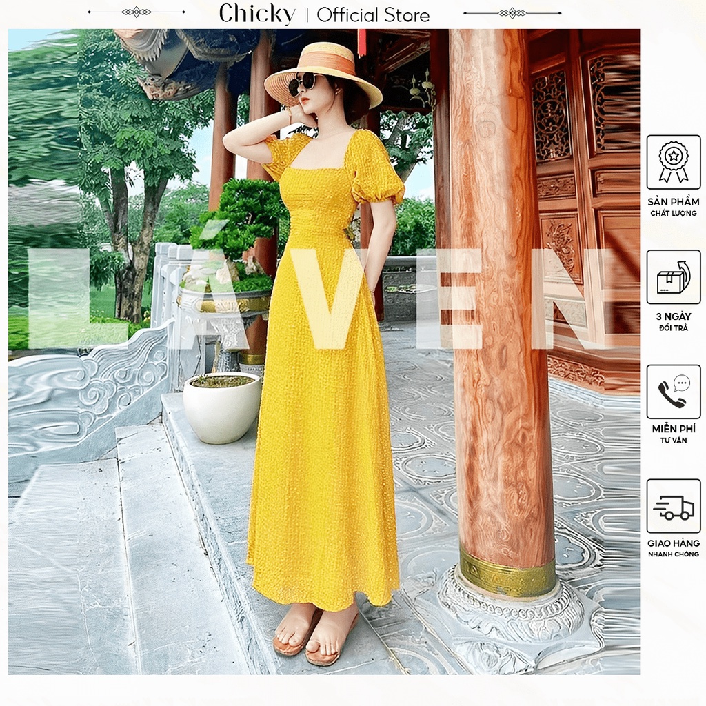 váy đầm nữ đầm maxi cổ vuông tay phồng hở lưng thời thượng(có mút)