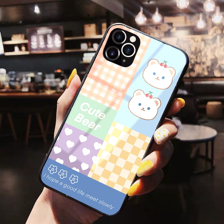 Ốp Iphone lưng kính Cute Bear cherry ốp lưng iphone 13promax 11 promax 12 pro max 6 6plus 7 plus 8splus x xr xsmax