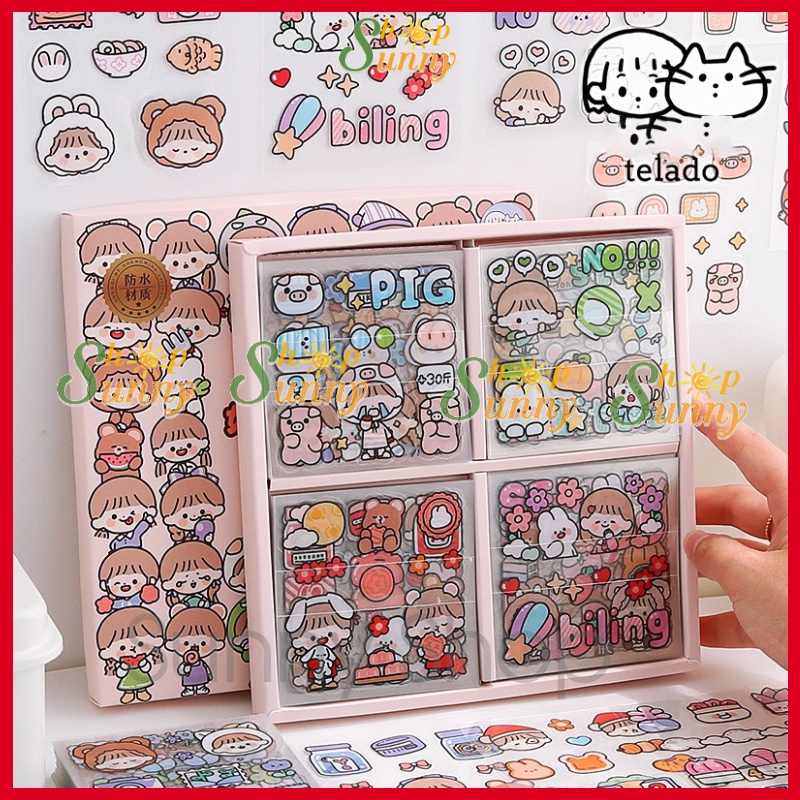 Mẫu 2-Hộp 1000 sticker cute dễ thương 100 tấm dán trang trí sổ điện thoại cốc laptop (1000 hình dán trên 100 ô vuông)