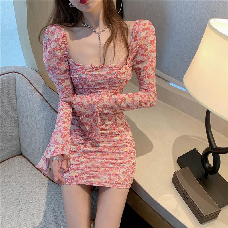 Đầm Hoa Tay Dài Cổ Vuông Kiểu Retro Pháp Thời Trang Mùa Hè Cho Nữ