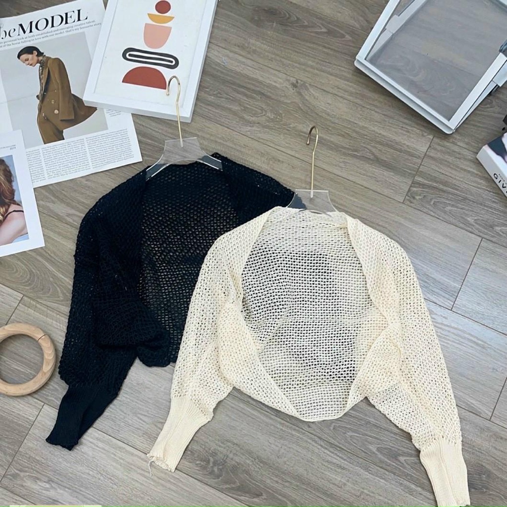 Áo khoác len lưới nữ tay dài dáng lửng