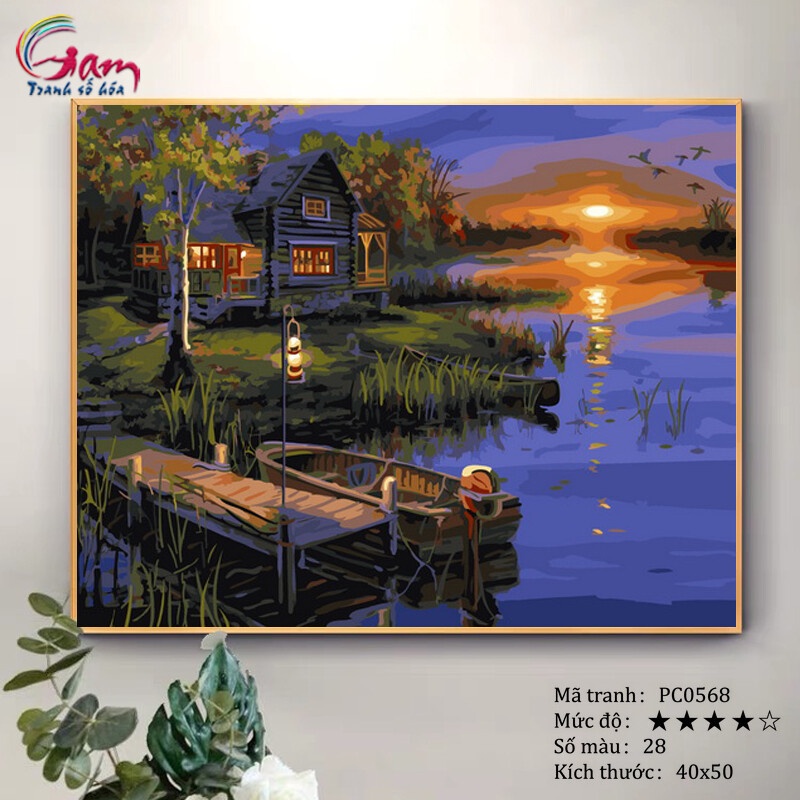 Tranh tự tô màu sơn dầu số hóa DIY phong cảnh - Mã PC0568 Cảnh đêm hồ nước bến thuyền ngôi nhà nhỏ